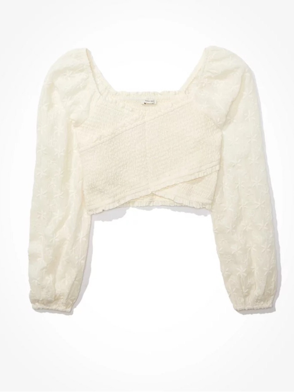 NEW American Eagle Long-Sleeve Smocked Blouse Puff Sleeve Embroidered in Cream